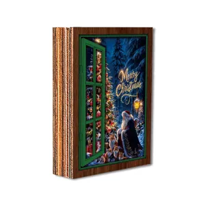 Detailed view of the vintage wooden Christmas glowing window fridge magnet with festive scene.