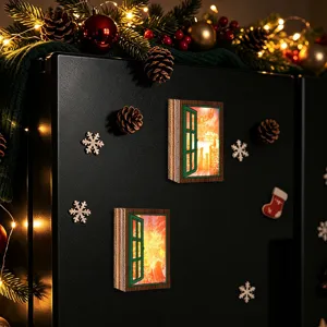 Christmas luminous fake window fridge magnet retro decorative wooden magnetic sticker for holiday home