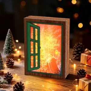 Christmas glowing window wooden fridge magnet retro holiday home decor warm light decoration