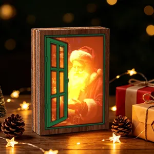 Christmas glowing wooden window fridge magnet, vintage Santa Claus decorative light detail.