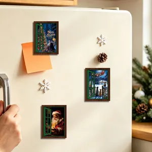 Christmas decorative fridge magnet detail showing luminous window design with vintage festive art.