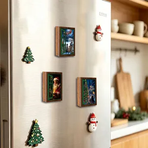 Christmas magnetic fridge stickers wooden glowing fake window cute snowman tree decor for kitchen