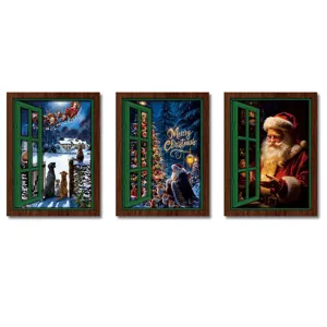 Christmas decorative fridge magnet set faux wooden window sticker holiday scene fine detail