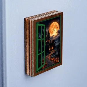 Halloween 3D wooden window fridge magnet decorative magnetic sticker for home kitchen decor