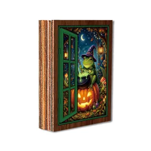 Wooden magical frog window fridge magnet side view detail showing textured layers.
