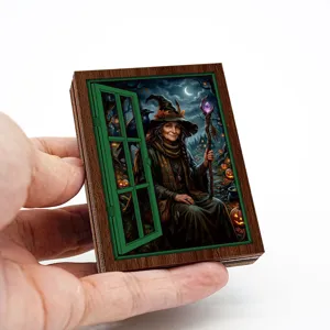 Detail of the vintage Halloween witch wooden magnetic refrigerator sticker with green window frame.
