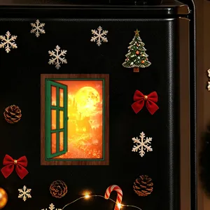 Christmas glowing fake window fridge magnets decorative wooden magnetic stickers for holiday decor