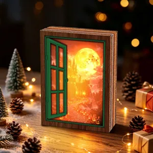 Retro wooden glowing fake window decoration magnetic sticker, festive desktop decor piece.