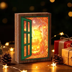 Wooden glowing window decoration with fantasy frog and pumpkin scene for cozy holiday room decor.
