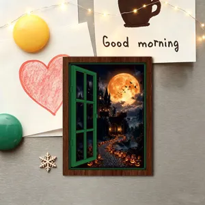 Wooden magnetic fridge sticker featuring a creative Halloween castle window design for home decor.