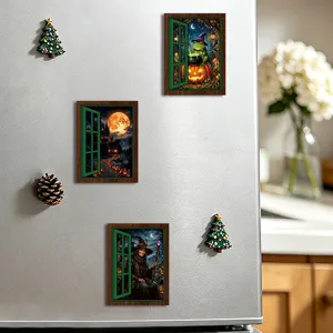 Wooden faux window fridge magnets decorative magnetic sticker for kitchen home decor.