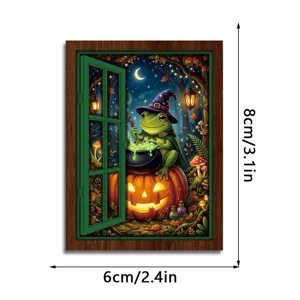 Decorative wooden glowing fridge magnet with magical wizard frog and pumpkin design 8x6cm