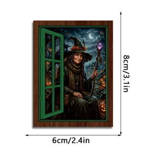 Detailed vintage wooden window frame fridge magnet showing magical witch and glowing pumpkin decor.