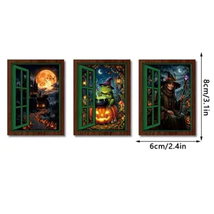 Halloween vintage wooden fake window fridge magnets set, spooky holiday home decor.