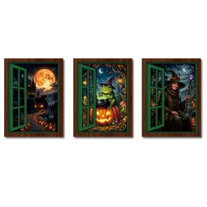 Halloween decorative wooden fake window fridge magnets set of three spooky home decorations
