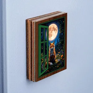 Wooden magnetic fridge sticker featuring a 3D glowing window design with a cute fox in moonlit forest.