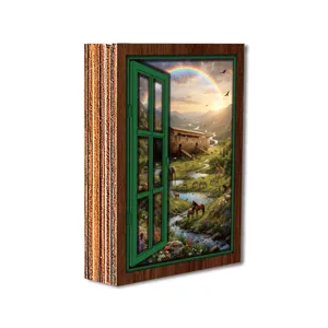 Wooden fake window fridge magnet with scenic Noah's Ark design for home decoration.