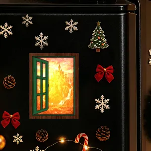 Christmas glowing window fridge magnets, vintage wooden magnetic stickers for holiday decor.