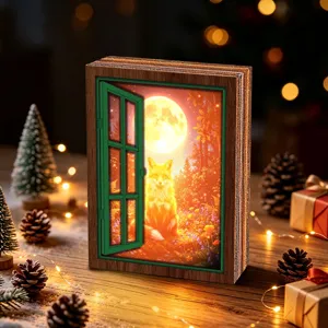 Wooden glowing fox window night light, retro Christmas decorative tabletop ornament with warm fairy lights.