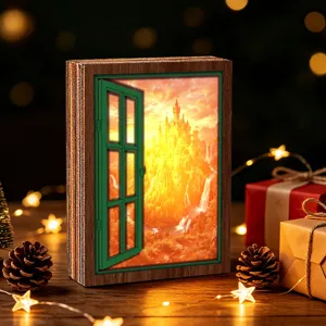 Christmas Glowing Fake Window Wooden Fridge Magnet Vintage Holiday Home Wall Decoration.