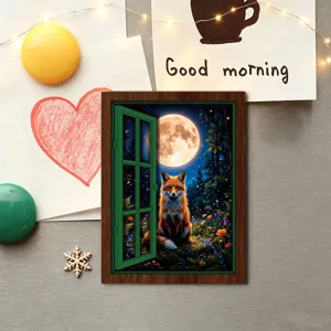 Wooden decorative fake window fridge magnet featuring a magical forest fox under full moon scene.