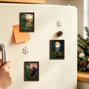 Wooden vintage fake window fridge magnets featuring fantasy landscape, cute fox, and castle designs.