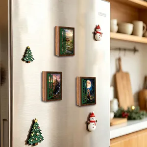 Christmas glowing fake window fridge magnet wooden magnetic sticker for vintage home decor.