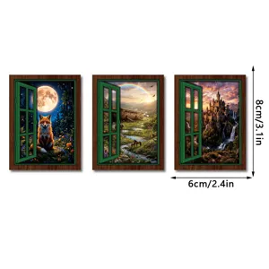 Mini wooden magnetic fake window fridge magnets featuring fantasy landscape designs, size 8x6cm.