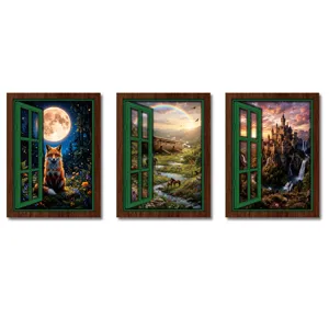 Decorative wooden fake window fridge magnet set featuring fantasy landscape nature artwork.