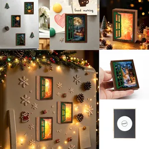 Christmas Luminous Fake Window Refrigerator Magnet Retro Wooden Magnetic Fridge Sticker Holiday Home Decor Gift