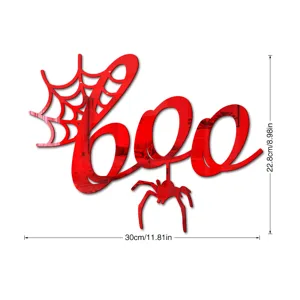 Λεπτομέρεια αυτοκόλλητου τοίχου Halloween 3D ακρυλικός καθρέφτης BOO με ιστό αράχνης.