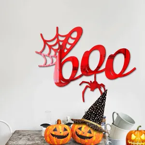 Αυτοκόλλητο τοίχου καθρέφτη ακρυλικό 3D Halloween με κόκκινο κείμενο BOO και ιστό.