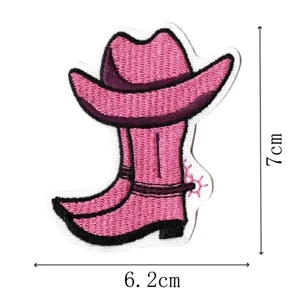 Pink western cowgirl hat and boot embroidered patch cute clothing accessory DIY decoration.
