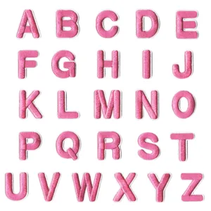 Pink embroidered English alphabet letters A to Z patches for clothing repair and DIY decoration.