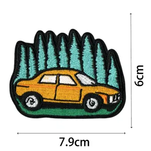 Embroidered vintage yellow car patch pine tree nature DIY clothing badge applique.