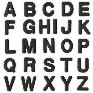 Details of black alphabet embroidery patches A to Z letters for clothes decoration.