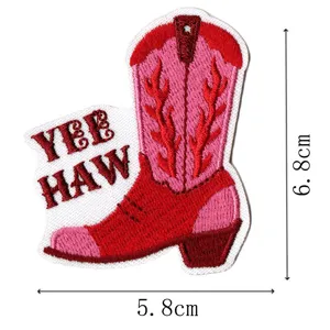Pink western cowgirl boot embroidered patch, cute cartoon clothing accessory badge iron-on.