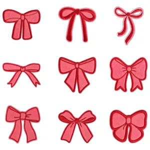 Red bow embroidery patches set, cute DIY fabric applique for clothing, hair clips and crafts decoration.