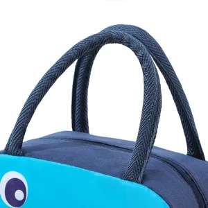 Cartoon insulated lunch bag, portable bento handbag with 3D cute eye design, top handle view.