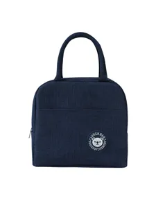 Waterproof insulated lunch bag dark blue thermal tote bag with cute bear logo for daily meal prep
