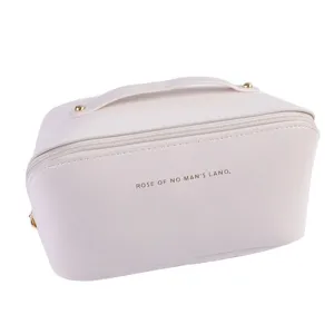 Large capacity PU leather cosmetic bag portable travel makeup storage bag with handle white