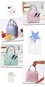 Borsa termica per pranzo in tessuto Oxford dettaglio con simpatici unicorni e fenicotteri.