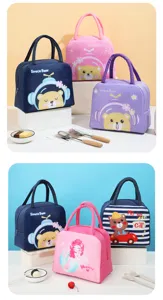 Cute insulated lunch bag with cartoon animal patterns. Thermal bento tote for daily use.