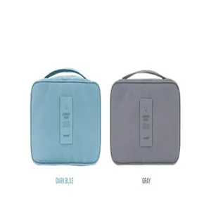 Portable travel organizer bag for underwear and cosmetics in dark blue and gray colors.