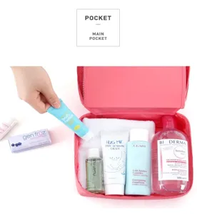 Pink travel toiletry bag waterproof makeup organizer pouch with multi compartments detail view