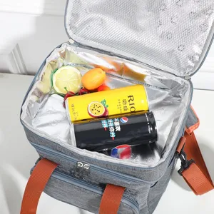 Grey double deck insulated lunch bag with orange straps, large capacity cooler bag for camping.