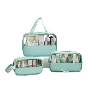 Clear travel cosmetic bag set of 3 mint green waterproof PVC makeup organizers main view.