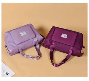 Foldable travel duffel bag detail view, dry wet separation gym sports luggage bag for women.
