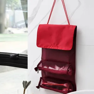Hanging cosmetic bag multi-layer portable travel storage toiletry organizer red