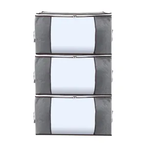 Thickened non-woven fabric quilt storage bag detail view with clear window and zipper.